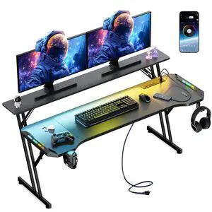 47 Inch Gaming Desk, Smart Computer Gamer Desk with LED Lights & Mouse Pad, Gaming Table with Power Outlet, Monitor Stand, Side Hook, Ergonomic Work Desks for Home Office, Carbon Fiber Black