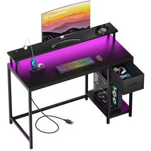Gaming Desk 39 Inch with LED Lights and Monitor Stand, Computer Desk with Drawer for Small Spaces, Office Desk with Power Outlets and Shelf, Black