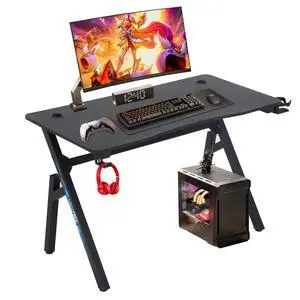 Gaming Desk Computer Desk 47"x 23" Home Office Desk Extra Large Modern Ergonomic Black PC Carbon Fiber Table Gamer Workstation with Cup Holder Headphone Hook,Blue