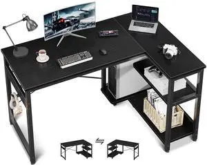 L Shaped Computer Desk, 48 Inch Small Corner Desk with Storage Shelves & PC Stand, Reversible Gaming Desk for Bedroom, Modern Writing Study Table for Home Office, Black