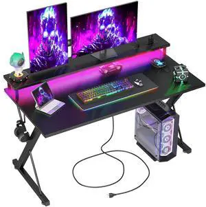 Gaming Desk with Power Outlets & LED 40 Inch Ergonomic Computer Carbon Fiber Surface Gamer Desk, Large Monitor Stand, Headphone Hook, PC Workstation for Bedroom, Black Gaming Desk with Power Outlets & LED 40 Inch Ergonomic Computer Carbon Fiber Surface Gamer Desk, Large Monitor Stand, Headphone Hook, PC Workstation for Bedroom, Black