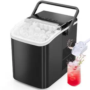 Countertop Ice Maker Machine, Portable Self-Cleaning Ice Machine with Ice Scoop, Basket and Handle, 9 Cubes in 6 Mins, 26.5lbs/24Hrs, 2 Sizes of Bullet Ice for Home Kitchen, Coal Black