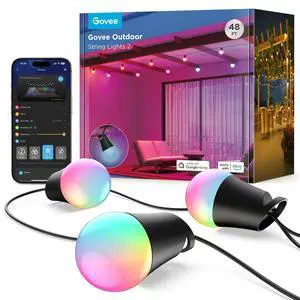 Smart Outdoor String Lights 2, 48ft Outdoor Lights with Dimmable Warm White LED Bulbs, 47 Scene Modes for Patio, Backyard, Balcony, IP65 Waterproof, Works with Alexa, App Control