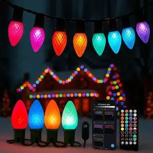 Smart RGB C9 Christmas Lights Outdoor 100LEDs 79FT, DIY Chasing Effects with Timer Music Sync APP & Remote, Waterproof Extendable Color Changing String Lights for House