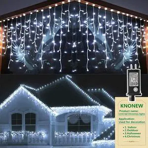 99FT 1216 LED Christmas Lights Outdoor Decorations 8 Modes White Curtain String Light with 228 Drops, Clear Wire LED String Light Indoor Decor for Wedding Party Holiday Christmas