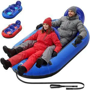 2-Person Inflatable Snow Tube with Dual Backrests & Tow Rope, Heavy Duty Canvas-Covered Blow Up Snow Sled with Handles, Fast Inflation Air Valves, Premium Snow Tubes for Kids & Adults (Blue)