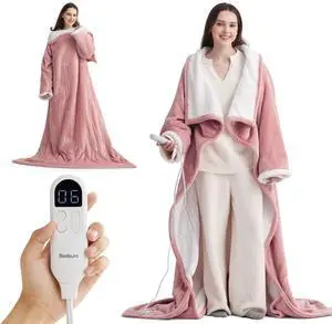 Wearable Heated Blanket with Foot Pocket - Electric Snuggle Blanket for Adult with Sleeves, Winter Gifts for Mom Women Girlfriend, Warm Sherpa Heating Throw, Auto Shut Off, 50 x 71+18", Pink