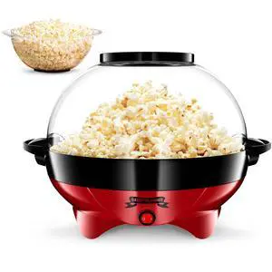 Popcorn Machine  800W Electric Hot Oil Popcorn Maker with Non-Stick Plate, Lid & Stirrer  Large 24-Cup Popper for Home, Parties, Movie Night  Butter, Sugar & Spice Compatible (Red)