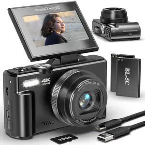 Digital Camera for Photography and Vlogging, 4K Autofocus YouTube Camera with 3" 180° Flip Screen, WiFi, 18X Zoom, Flash, 2 Batteries & 32GB SD Card