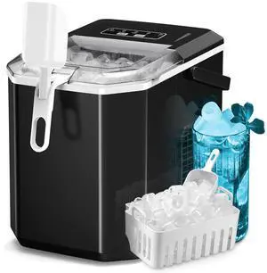 Countertop Ice Maker, 26Lbs/24H, 9 Bullet Cubes in 6 Mins, Self-Cleaning Portable Ice Machine with 2 Ice Sizes (S/L), Quiet Compact Design, Double Handles, for Home, Party, RV, Camping, Black