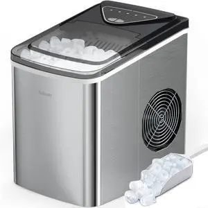 Ice Makers Countertop, 9 Cubes Ready in 6 Mins, 26lbs in 24Hrs, Self-Cleaning Ice Machine with Ice Scoop and Basket, 2 Sizes of Bullet Ice, Stainless Steel