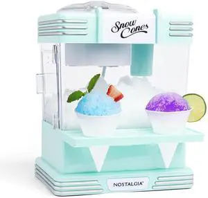 Snow Cone Shaved Ice Machine - Retro Table-Top Slushie Machine Makes 20 Icy Treats - Includes 2 Reusable Plastic Cups & Ice Scoop - Aqua