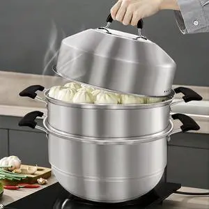 Steamer Pot for Cooking 14.2 inch Steam Pots with Lid 2-tier Stainless Steel Steaming Pot Multipurpose Cookware with Handle for Vegetable, Dumpling, Stock, Sauce, Food