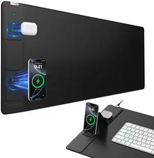 Wireless Charging Mouse Pad with Foldable Phone Holder, 31.5"x15.8" Large Desk Mat for Laptop/Keyboard, Waterproof Ultra-Smooth Surface, Non-Slip Base, Black