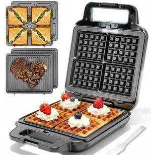 Belgian Waffle Maker with Removable Plates, Waflera Electrica, Large Waffle Iron, 3 in 1 Panini Grill Press Breakfast Sandwich Maker, Electric Griddle, Grilled Cheese Maker, Breakfast Station