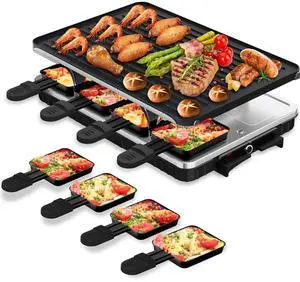 Electric Raclette Table Grill with 8 Warming Trays, 2-in-1 Korean BBQ Grill & Electric Griddle Nonstick, Adjustable Temperature Control,1300W, Great for Indoor Family Gatherings, Parties & Dining