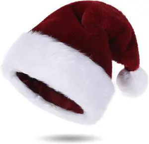 Tanvia Velvet Plush Santa Hat for Men Women - Plush Unisex Christmas Hat for Xmas, New Year Parties & Holiday Decor Wine Red