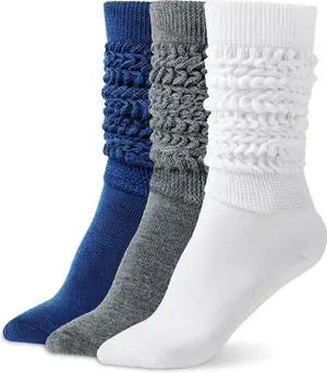 Tanvia Slouchy Socks for Women Slouch Scrunch Knee High Boot Socks Soft Long Socks Cozy Crew Socks Leg Warmers, White+Dark Gray+Royal Blue