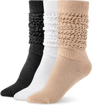 Tanvia Slouchy Socks for Women Slouch Scrunch Knee High Boot Socks Soft Long Socks Cozy Crew Socks Leg Warmers, White+Black+Khaki