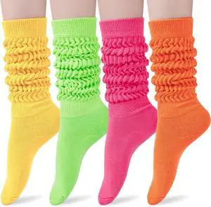 Tanvia Slouchy Socks for Women Slouch Scrunch Knee High Boot Socks Soft Long Socks Cozy Crew Socks Leg Warmers, 4pack Neon color
