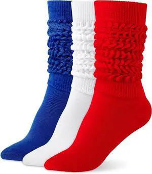Tanvia Slouchy Socks for Women Slouch Scrunch Knee High Boot Socks Soft Long Socks Cozy Crew Socks Leg Warmers, White+Red+Blue