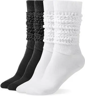 Tanvia Slouchy Socks for Women Slouch Scrunch Knee High Boot Socks Soft Long Socks Cozy Crew Socks Leg Warmers, White+Black