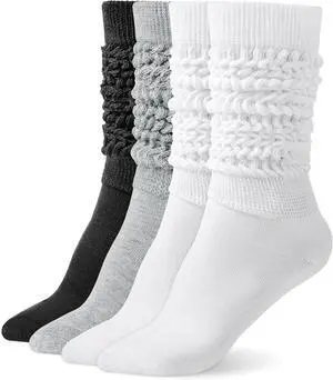 Tanvia Slouchy Socks for Women Slouch Scrunch Knee High Boot Socks Soft Long Socks Cozy Crew Socks Leg Warmers, 2pack White+Black+Gray