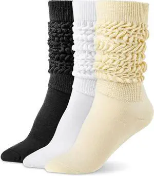 Tanvia Slouchy Socks for Women Slouch Scrunch Knee High Boot Socks Soft Long Socks Cozy Crew Socks Leg Warmers, White+Black+Beige