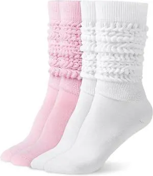 Tanvia Slouchy Socks for Women Slouch Scrunch Knee High Boot Socks Soft Long Socks Cozy Crew Socks Leg Warmers, White+Pink
