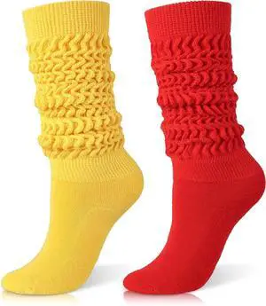 Tanvia Slouchy Socks for Women Slouch Scrunch Knee High Boot Socks Soft Long Socks Cozy Crew Socks Leg Warmers, Red+Yellow
