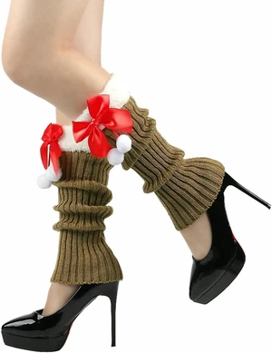 Tanvia Leg Warmers for Women Winter Christmas Leg Warmer Knitted Leg Sleeves with Fuzzy Fur Cuffs & Bowknot Plush Ball, Khaki Tanvia Leg Warmers for Women Winter Christmas Leg Warmer Knitted Leg Sleeves with Fuzzy Fur Cuffs & Bowknot Plush Ball, Khaki