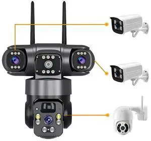 9MP WiFi Security Camera System Outdoor, Triple Lens Pan/Tilt, Wireless with Solar Battery, Memory Card Slot