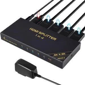 Vszerda 4K@60Hz HDMI Splitter 1 in 4 Out with AC/DC Power Adapter, 4K HDMI Mirror Monitor for PS4,PS5 Vszerda 4K@60Hz HDMI Splitter 1 in 4 Out with AC/DC Power Adapter, 4K HDMI Mirror Monitor for PS4,PS5