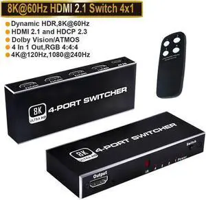 Vszerda 8K HDMI Switch,4 in 1 Out Ultra HD 8K@60Hz 4K@120Hz HDMI Splitter,4 Port High Speed-48Gbps HDMI 2.1 Switch with IR Remote Control-Metallic Black Vszerda 8K HDMI Switch,4 in 1 Out Ultra HD 8K@60Hz 4K@120Hz HDMI Splitter,4 Port High Speed-48Gbps HDMI 2.1 Switch with IR Remote Control-Metallic Black