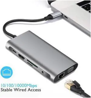 Vszerda USB C Hub, USB C Adapter 10 in 1 Type C Adapter,USB-C PD 3.0 with 4K HDMI, RJ45 Ethernet, USB 3.0 Ports, TF/SD Card Reader, VGA, Audio Mic Port for MacBook and Other Type-C Laptops Vszerda USB C Hub, USB C Adapter 10 in 1 Type C Adapter,USB-C PD 3.0 with 4K HDMI, RJ45 Ethernet, USB 3.0 Ports, TF/SD Card Reader, VGA, Audio Mic Port for MacBook and Other Type-C Laptops