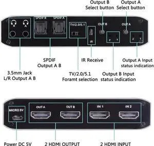 Vszerda HDMI Matrix 2x2 4K HDMI Matrix Switch 2in2 Out Switcher Splitter Box with 2xSPDIF Audio 2x3.5mm L/R Audio and IR Remote Control Support Ultra 4K HDR,4Kx2K@60Hz 3D 1080PHDMI 2.0b HDCP 2.2 Vszerda HDMI Matrix 2x2 4K HDMI Matrix Switch 2in2 Out Switcher Splitter Box with 2xSPDIF Audio 2x3.5mm L/R Audio and IR Remote Control Support Ultra 4K HDR,4Kx2K@60Hz 3D 1080PHDMI 2.0b HDCP 2.2