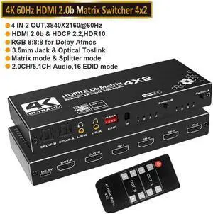 Vszerda 4K@60Hz 4X2HDMI Matrix, 4 in 2 Out Switcher with HDR10,2xSPDIF Audio, 2x3.5mm L/R Audio, EDID, Downscaler 4K to 1080P and RGB 8:8:8(Dolby ATMOS) Vszerda 4K@60Hz 4X2HDMI Matrix, 4 in 2 Out Switcher with HDR10,2xSPDIF Audio, 2x3.5mm L/R Audio, EDID, Downscaler 4K to 1080P and RGB 8:8:8(Dolby ATMOS)
