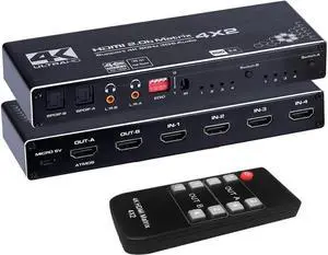 Vszerda 4 in 2 Out HDMI Matrix Switch Up to 4K 60Hz RGB 8:8:8, HDR10, EDID,HDMI 2.0, HDCP 2.2/1.4, Auto Downscaling IR Remote 2xSPDIF Audio 2x3.5mm L/R Audio 4X2 Video HDMI Matrix Switch (OZJ1) Vszerda 4 in 2 Out HDMI Matrix Switch Up to 4K 60Hz RGB 8:8:8, HDR10, EDID,HDMI 2.0, HDCP 2.2/1.4, Auto Downscaling IR Remote 2xSPDIF Audio 2x3.5mm L/R Audio 4X2 Video HDMI Matrix Switch (OZJ1)