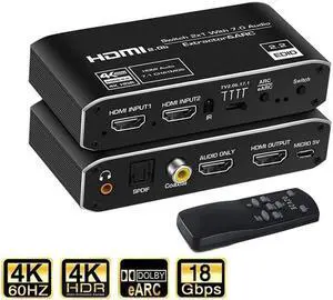 Vszerda 4K@ 60Hz HDMI Audio Extractor Splitter, 2x1 HDMI to HDMI + Optical Toslink SPDIF + 3.5mm Audio Jack + Coaxial + 7.1Ch HDMI Audio Support ARC and eARC Function Vszerda 4K@ 60Hz HDMI Audio Extractor Splitter, 2x1 HDMI to HDMI + Optical Toslink SPDIF + 3.5mm Audio Jack + Coaxial + 7.1Ch HDMI Audio Support ARC and eARC Function