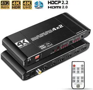 Vszerda 4x2 HDMI 4K Matrix Switch/Splitter 4-Input 2-Output with Remote Control Supports Ultra HD 4K@60Hz 4:4:4 HDR YUV HDMI 2.0 HDCP 2.2 3D, 1080p 18GBPS - ARC/SPDIF Coaxial 3.5mm Stereo Audio Vszerda 4x2 HDMI 4K Matrix Switch/Splitter 4-Input 2-Output with Remote Control Supports Ultra HD 4K@60Hz 4:4:4 HDR YUV HDMI 2.0 HDCP 2.2 3D, 1080p 18GBPS - ARC/SPDIF Coaxial 3.5mm Stereo Audio