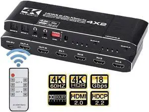 Vszerda 4x2 HDMI Matrix, 4K@60Hz 4 in 2 Out HDMI Switch Splitter with IR Remote, HDMI Matrix Switch + Coaxial + Optical + 3.5mm Audio Output, Support HDMI2.0, HDCP2.2, EDID, 3D, Audio Extractor Vszerda 4x2 HDMI Matrix, 4K@60Hz 4 in 2 Out HDMI Switch Splitter with IR Remote, HDMI Matrix Switch + Coaxial + Optical + 3.5mm Audio Output, Support HDMI2.0, HDCP2.2, EDID, 3D, Audio Extractor