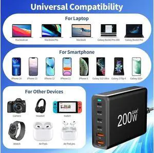 Vszerda 200W GaN USB C Quick Charge QC3.0 PD 3.0 TypeC 6-Port Supercharge Plug For iPad iPhone Samsung Xiaomi Universal Fast Charger - Black Vszerda 200W GaN USB C Quick Charge QC3.0 PD 3.0 TypeC 6-Port Supercharge Plug For iPad iPhone Samsung Xiaomi Universal Fast Charger - Black