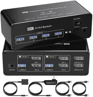 Vszerda Dual Monitor DisplayPort KVM Switch 2 Monitors 2 Computers 8K@60Hz 4K@144Hz, DP KVM Switches for 2 PCs Share 2 Monitors, 4 USB 3.0 Ports, Supports Extended/Copy Mode with Remote & USB Cables Vszerda Dual Monitor DisplayPort KVM Switch 2 Monitors 2 Computers 8K@60Hz 4K@144Hz, DP KVM Switches for 2 PCs Share 2 Monitors, 4 USB 3.0 Ports, Supports Extended/Copy Mode with Remote & USB Cables