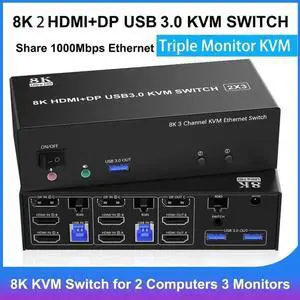 Vszerda KVM Switch 3 Monitors 2 Computers, 2 HDMI + DisplayPort USB 3.0 KVM Switch Triple Monitor for 2 Computer Share 1000Mbps RJ45 Ethernet, with 3 USB 3.0 Ports, 3.5m Audio&Microphone, Wired Remote Vszerda KVM Switch 3 Monitors 2 Computers, 2 HDMI + DisplayPort USB 3.0 KVM Switch Triple Monitor for 2 Computer Share 1000Mbps RJ45 Ethernet, with 3 USB 3.0 Ports, 3.5m Audio&Microphone, Wired Remote