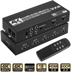 Vszerda HDMI Matrix 3x2 4K HDMI Matrix Switch 3in2 Out Switcher Splitter Box with 2xSPDIF Audio 2x3.5mm L/R Audio and IR Remote Control Support Ultra 4K HDR,4Kx2K@60Hz 3D,1080PHDMI 2.0b HDCP 2.2 Vszerda HDMI Matrix 3x2 4K HDMI Matrix Switch 3in2 Out Switcher Splitter Box with 2xSPDIF Audio 2x3.5mm L/R Audio and IR Remote Control Support Ultra 4K HDR,4Kx2K@60Hz 3D,1080PHDMI 2.0b HDCP 2.2