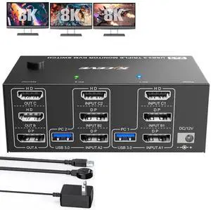 KVM Switch 2 PC 3 Monitors HDMI + DisplayPort 8K@60Hz 4K@144Hz, Triple Monitor KVM Switch for 2 PC Share 3 Monitors and 4 USB 3.0 Devices with 12V Power Adapter,Included Wired Remote Controller KVM Switch 2 PC 3 Monitors HDMI + DisplayPort 8K@60Hz 4K@144Hz, Triple Monitor KVM Switch for 2 PC Share 3 Monitors and 4 USB 3.0 Devices with 12V Power Adapter,Included Wired Remote Controller