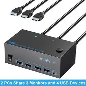 Vszerda riple Monitor HDMI + 2 Displayport KVM Switch, 8K@60Hz KVM Switches 2 Computer 3 Monitors for 2 PCs Share 3 Monitors and 4 USB Devices, with 2 USB Cables, Power Adapter, Wired Controller Vszerda riple Monitor HDMI + 2 Displayport KVM Switch, 8K@60Hz KVM Switches 2 Computer 3 Monitors for 2 PCs Share 3 Monitors and 4 USB Devices, with 2 USB Cables, Power Adapter, Wired Controller