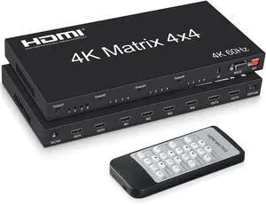 Vszerda 4K@60Hz HDMI Matrix Switch 4x4, HDMI Matrix Switcher Splitter 4 in 4 Out with EDID, HDMI Matrix Selector box with RS232 Control, Support Auto Downscaler, HDR, HDMI2.0, HDCP2.2, 18Gbps Vszerda 4K@60Hz HDMI Matrix Switch 4x4, HDMI Matrix Switcher Splitter 4 in 4 Out with EDID, HDMI Matrix Selector box with RS232 Control, Support Auto Downscaler, HDR, HDMI2.0, HDCP2.2, 18Gbps