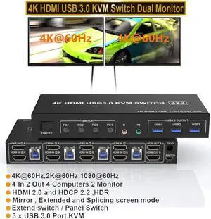 4K@60Hz HDMI KVM Switch 2 Monitors 4 Computers, Supports EDID, Dual Monitor HDMI USB 3.0 KVM Switch with Audio Microphone Output and 3 USB 3.0 Ports,PC Monitor Keyboard Mouse Switcher for 4 PCs 4K@60Hz HDMI KVM Switch 2 Monitors 4 Computers, Supports EDID, Dual Monitor HDMI USB 3.0 KVM Switch with Audio Microphone Output and 3 USB 3.0 Ports,PC Monitor Keyboard Mouse Switcher for 4 PCs