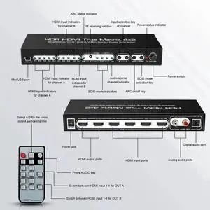 8K 4x2 HDMI Matrix, 4 in 2 Out HDMI 2.1 Matrix HDMI Video Switcher Splitter + Optical & L/R Audio Output,Support 4K @120Hz,HDR10 HDCP2.3 Do-l-by Vision Atmos SPDIF 5.1CH ARC with IR Remote Control 8K 4x2 HDMI Matrix, 4 in 2 Out HDMI 2.1 Matrix HDMI Video Switcher Splitter + Optical & L/R Audio Output,Support 4K @120Hz,HDR10 HDCP2.3 Do-l-by Vision Atmos SPDIF 5.1CH ARC with IR Remote Control